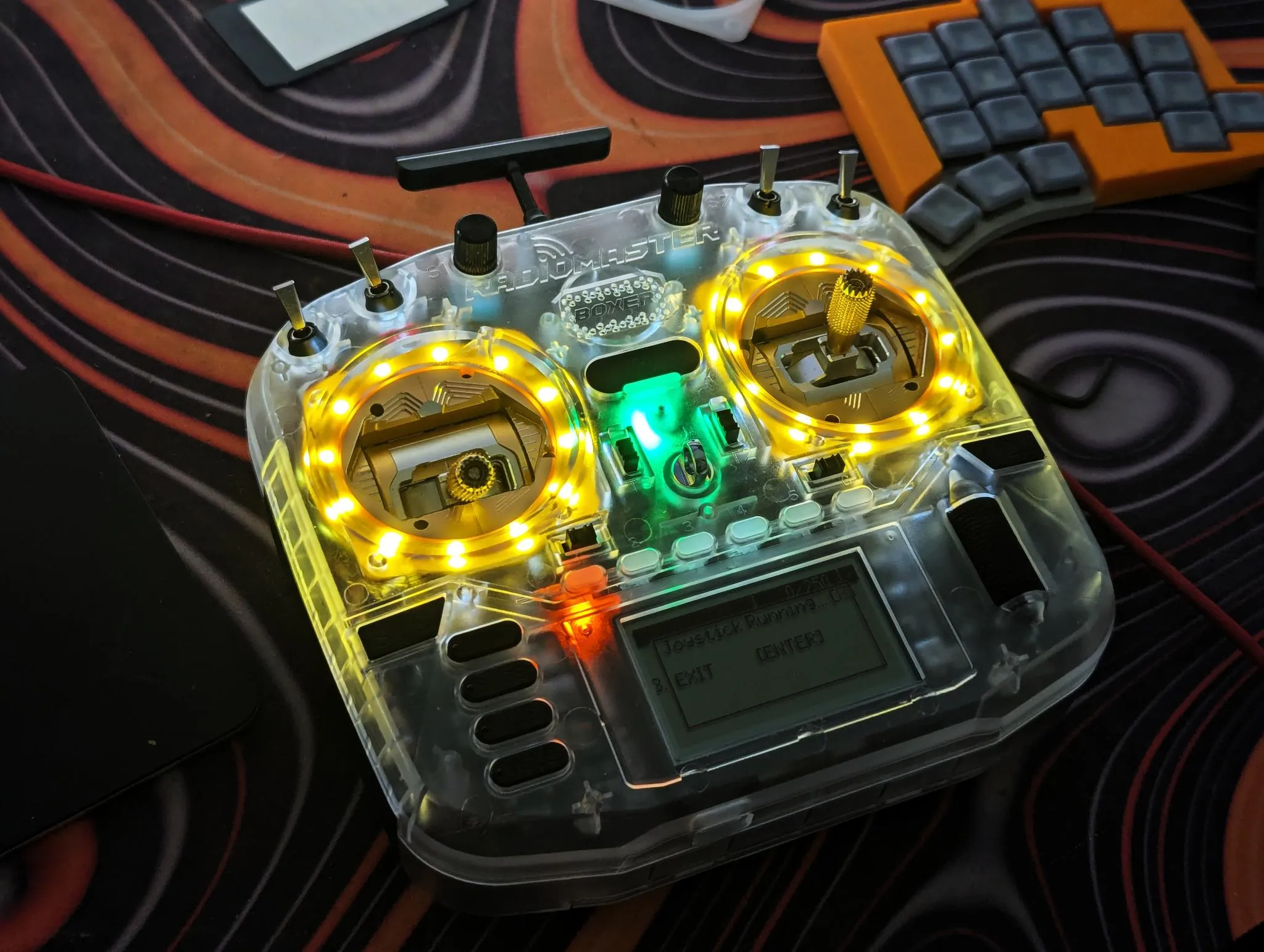 RadioMaster Boxer with custom low-profile LED ring spacers installed