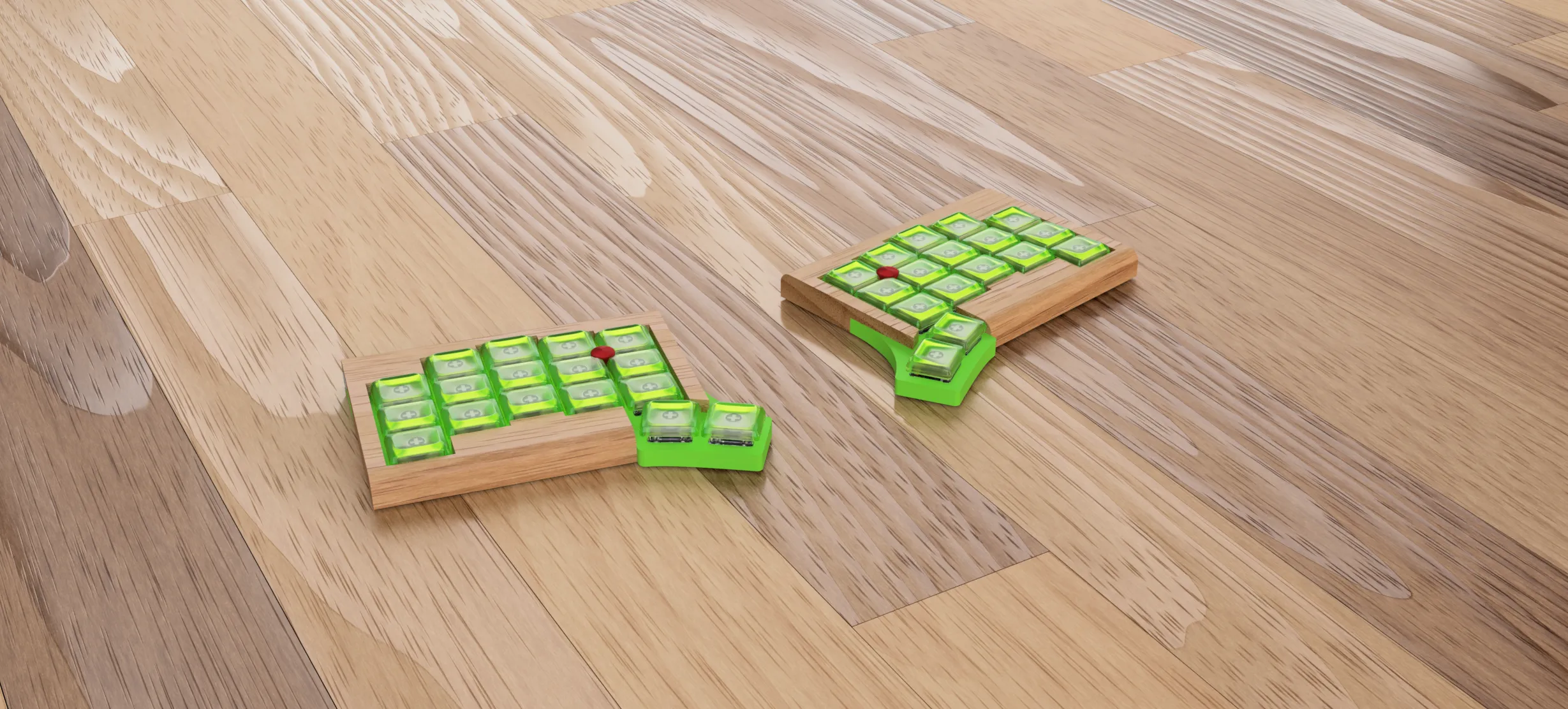 Atlas render, both halves angled on a butcher-block table, wooden housings with lime printed parts and lime resin keycaps