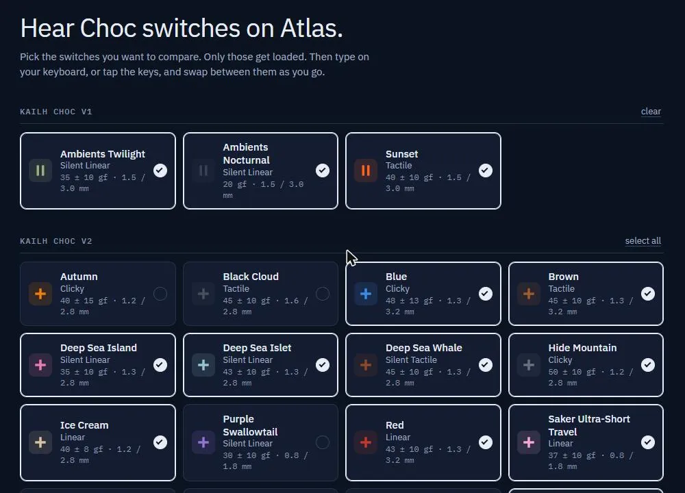 The pick screen: Choc v1 and v2 switches with type, force and travel